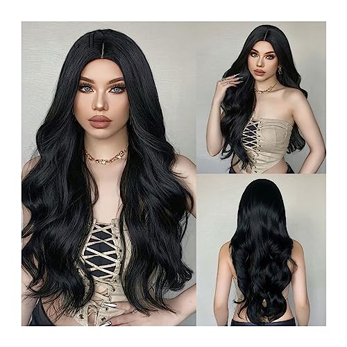 Perücken Schwarze lange gewellte synthetische Perücke, natürliche schwarze Körperwellen-Perücken for Frauen, Afro-Cosplay, tägliches Haar, Mittelteil, hitzebeständig für Tägliche Party Verwendung von Shihan-2015