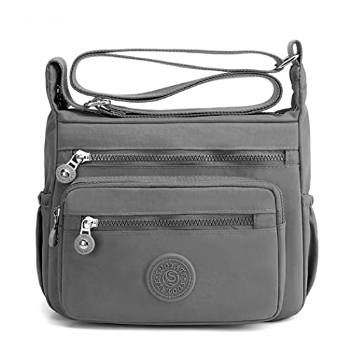 Shilanmei Nylon-Umhängetasche, Damen, großes Fassungsvermögen, wasserdichte Umhängetasche, Messenger-Hobo-Tasche mit Reißverschluss und mehreren Taschen, grau von Shilanmei