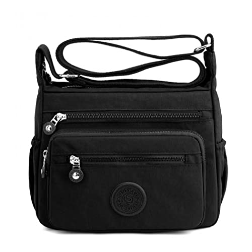 Shilanmei Nylon-Umhängetasche, Damen, großes Fassungsvermögen, wasserdichte Umhängetasche, Messenger-Hobo-Tasche mit Reißverschluss und mehreren Taschen, Schwarz von Shilanmei