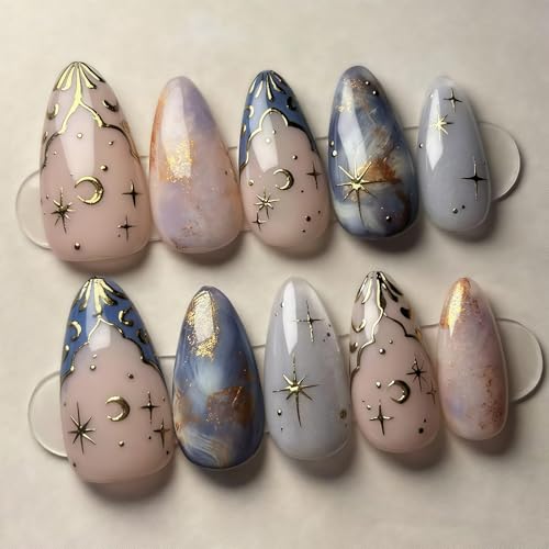 Shimmerz 24 Stück 3D Gold Stern Mond Press on Nails Mittlere Mandelform Kunstnägel mit Fließendem Licht Katzenaugen Design Gold Glitter Fake Nägel für Frauen von Shimmerz