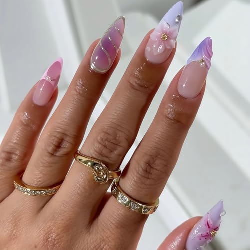 Shimmerz 24 Stück 3D Künstliche Nägel Mittlere Lange Mandel Form French Spitze Falsche Nägel Mit Blumen Designs Gel Acryl Nägel Sommer Nagelkunst Für Damen von Shimmerz