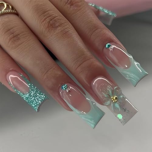 Shimmerz 24 Stück 3D Lang Quadratisch Aufkleber-Nageldeko, Sommer-French-Tip-Design, Grün Blumenmuster, Akryl-Vollabdeckung, Kunstnägel, Geschenk für Frauen von Shimmerz