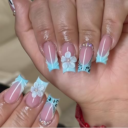 Shimmerz 24 Stück Blaue French Tip Künstliche Nägel Mittlere Länge Quadratische 3D Blumen Falsche Nägel mit Strass Sommerliches Blumendesign für Damen von Shimmerz