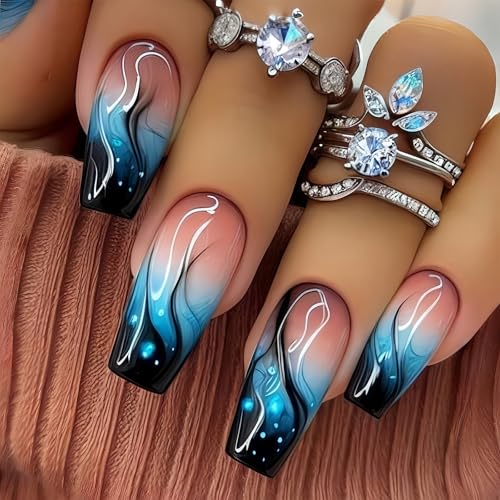 Shimmerz 24 Stück Blaue Ombre Flamme Acrylnägel Druckauf Nagel Mittlere Länge Ballettform Falschnägel für Frauen Frühlings Sommer Maniküre Nagel von Shimmerz