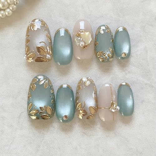 Shimmerz 24 Stück Blumen-Kunstnails Kurz Mandel-Fake Nails mit 3D Perlen Design, Gold Glitter, Silber Blau, Wiederverwendbare Voll Cover Nägel, für Frauen von Shimmerz