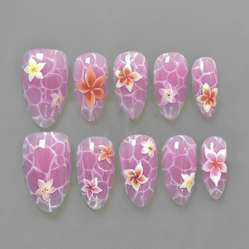Shimmerz 24 Stück Blumen Press On Nägel Mittlere Mandelform Künstliche Nägel Marmor Muster Süße Florale Nagelkunst Kurze Mandelform für Damen von Shimmerz