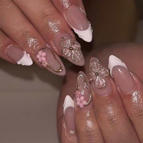 Shimmerz 24 Stück Elegante Press On Nails mit 3D Blumenmuster Mandelform Mittelgroß Glänzende Kunstnägel in Weiß mit French Spitze Vollabdeckung für Damen Maniküre Zuhause von Shimmerz