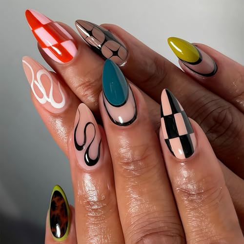 Shimmerz 24 Stück Glossy Press On Nägel Mittlere Mandel Form Vollflächig Schwarz Blau Künstliche Nägel Acryl Falsche Nägel Selbstklebend Für Damen von Shimmerz