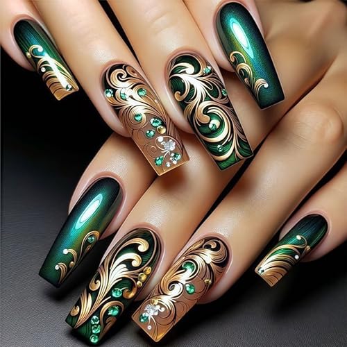 Shimmerz 24 Stück Grün Mittelgroße Ballettform Grüner Ranken Falschnägel Frühlings Maniküre Acrylnägel Glänzend auf Nägeln Druckaufs Nagel für Frauen von Shimmerz