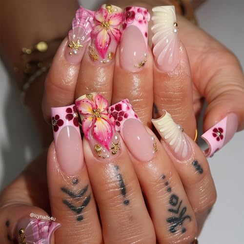 Shimmerz 24 Stück Lange Sargform Künstliche Nägel Rosa Französische Spitze Falsche Nägel Mit Blumen Streifen Design Frühling Sommer 3D Blumen Für Damen von Shimmerz