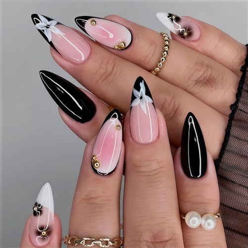 Shimmerz 24 Stück Mandelförmige Kunstnägel in Schwarz Weiß mit Blumenmuster und 3D Goldperlen Elegante French Full Cover Press On Nails für Damen Mittelgroß Selbstklebend von Shimmerz