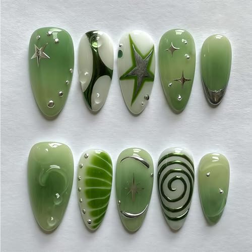 Shimmerz 24 Stück Mittellange Mandel Grün Farbverlauf Kunstnägel mit Blasen Silberstern Muschel Muster nude Fake Nägel zum Kleben Ganzflächige Acryl Optik Damen Geschenk von Shimmerz