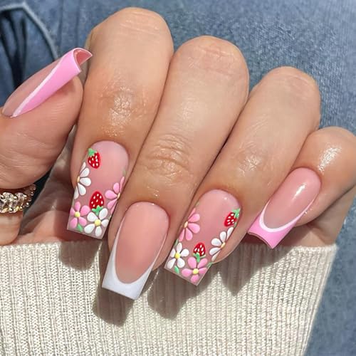 Shimmerz 24 Stück Pink Französischer Spitze Lange Quadratische Falsche Nägel, Squoval Künstliche Nagelkunst mit Blumen und Erdbeermuster für Damen und Mädchen Shimmerz 24 Stück Pink Französischer Spitze Lange Quadratische Falsche Nägel, Squoval Künstliche Nagelkunst mit Blumen und Erdbeermuster für Damen und Mädchen von Shimmerz