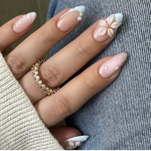Shimmerz 24 Stück Press On Nails Mandelform Mittel Blau mit 3D Blumen Sommer Design Glänzende French Kunstnägel Vollabdeckung zum Aufkleben für Damen von Shimmerz