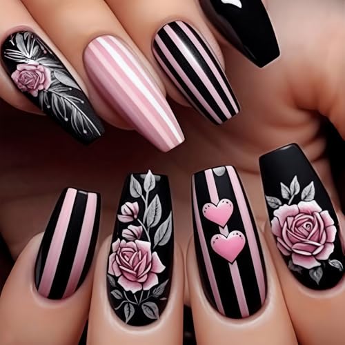 Shimmerz 24 Stück Rose und Herz Streifen mittlere Sargformige künstliche Nägel glanzvoll Schwarz Rosa Fingernägel Frühlingsnagel für Frauen und Mädchen von Shimmerz