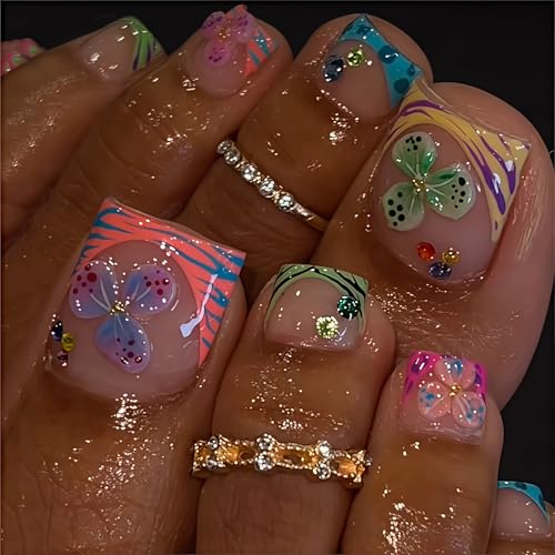 Shimmerz 24 Stück Sommer Fussnägel Set Bunt Blumenmuster Einzeln Gestaltet Farbenfrohe French Tip Fake Nägel mit 3D Druck Glitzer Kunstnägel für Frauen von Shimmerz