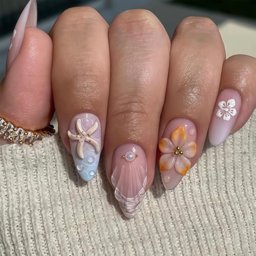 Shimmerz 24 Stück Sommer Press On Nails in Mandelform mit 3D Seestern Muschel und Hibiskus Motiv Mittelgroße Kunstnägel im French Stil für Damen DIY Ozean Nageldekoration von Shimmerz