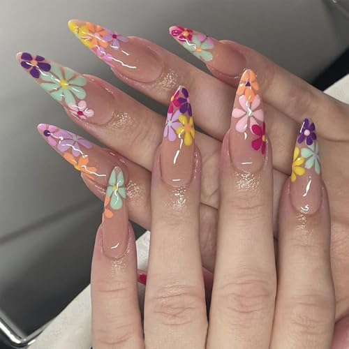 Shimmerz 24 Stück Stiletto Lange Aufkleber Nägel Acryl Falsche Nägel Sommer Blumen Design Luxus Klare Falsche Nagelspitzen für Frauen von Shimmerz