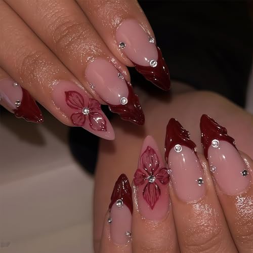 Shimmerz 24 Stück Stiletto Press On Nails in Braun Rot Mandelform mit 3D Blumen Design Elegante Selbstklebende Kunstnägel Vollständige Abdeckung für Damen und Mädchen von Shimmerz