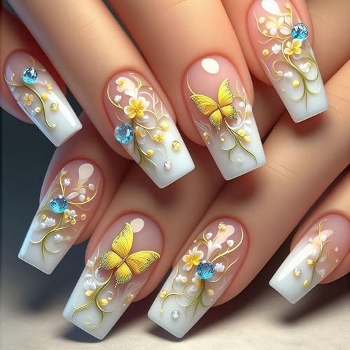 Shimmerz 24 Stück Weiße Französische Spitzen Nägel Sommer Frühlings Schmetterling Falschnägel Druckauf Nägel Sarg mit Designs süße Falschnägel für Frauen von Shimmerz