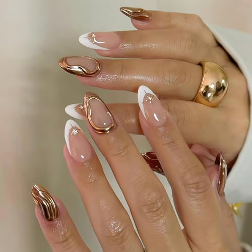 Shimmerz 24 Stück Weiße French Tip Press on Nails Sterne mit 3D Gold Design Nude Glanz Kunstnägel Strass Vollcover Kurz Mandelform Fake Nägel für Frauen Maniküre von Shimmerz