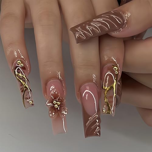 Shimmerz 24 Stück lange Sarg Stylingnägel mit 3D Blüten Braun French Spitze Gold Kügelchen Wasserwellenmuster zum Kleben Ganzfläche Kunstnägel für Damen von Shimmerz
