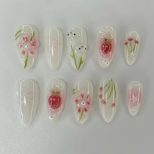 Shimmerz 24 Stück mittellange Mandel Kunstnägel Set 3D Blumen Perlen glänzend rosa Schleife Erdbeer Hase Motive zum Kleben Ganzfläche Fake Nägel Maniküre Geschenk Damen von Shimmerz
