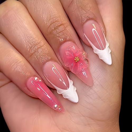 Shimmerz 24 Stück mittlere Mandel Stylingnägel mit elegantem Rosa Farbverlauf und Blütenakzenten wiederverwendbar French Design Kunstnägel für Damen von Shimmerz