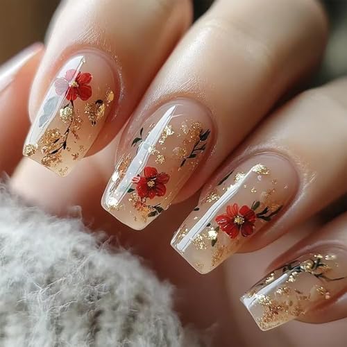 Shimmerz 24 Stück mittlere Pressnägel mit Blumenmustern Rote Rose Goldglitzer Sommer Nagelkunst Verzierung für Frauen und Mädchen Maniküre Verzierung von Shimmerz