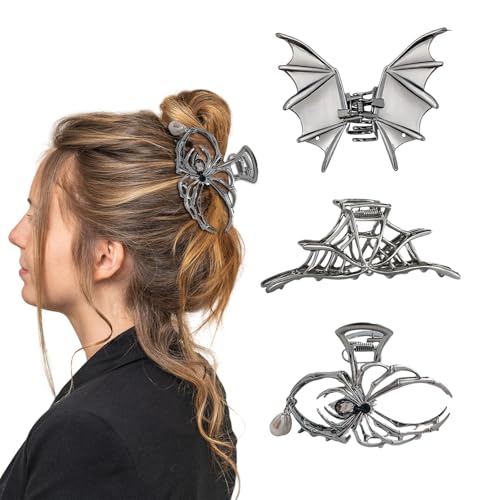 Shimmerz 3 Stück Halloween Spinnennetz Fledermaus Haarklammern Haarstyling Accessoires für Frauen Mädchen, Gothisch Schwarz Metall mit Perlen Gruselig Groß Mittel Größe von Shimmerz