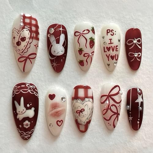 Shimmerz 30 Stück Press On Nails Mandelform Mittel Bunt mit Schmetterling Hase Herz Lippen Strass Perlen Design Niedliche Künstliche Nägel zum Aufkleben für Damen DIY von Shimmerz