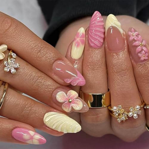 Shimmerz 30 Stück Rosa Blumen Press on Nails Mittlere Mandelform French Tip Fake Nails mit 3D Wasserwellen Design Vollcover Kunstnägel Frühling Sommer für Frauen von Shimmerz