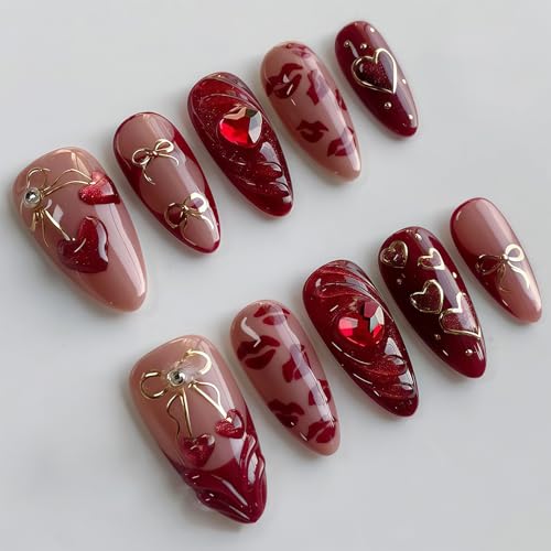 Shimmerz 30 Stück Rote French Tip Press on Nails Mittlere Mandelförmige Fake Nails Dunkelrote Herzen mit Strasssteinen Gold Schleife Kunstnägel für Frauen von Shimmerz
