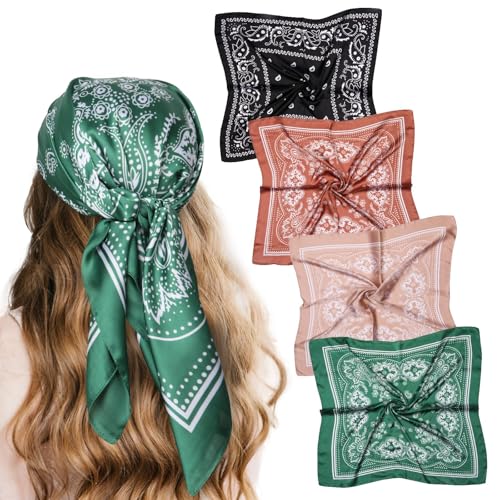 Shimmerz 4 Stück 69 cm Quadratische Satin Kopf Tücher Satin Bandanas für Frauen Kopfband Tücher Seiden Gefühl Schal Boho von Shimmerz