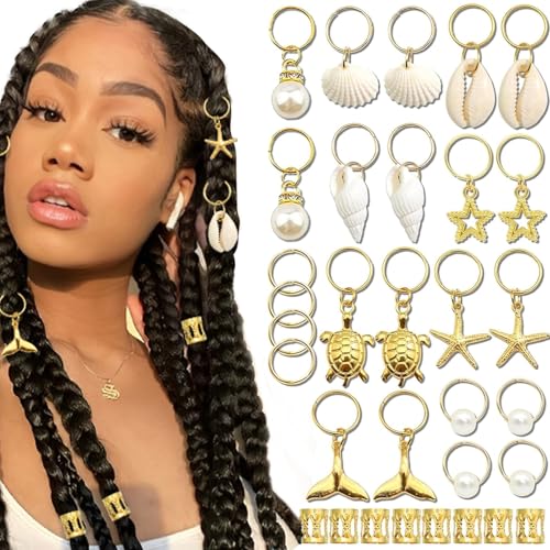 Shimmerz 40 Stück Muschel Schmuck Gold Haarschmuck Für Zöpfe Seestern Zopf Clips Perlen Dreadlock Schmuck Muschel Zopf Accessoires Haarschmuck Für Mädchen von Shimmerz