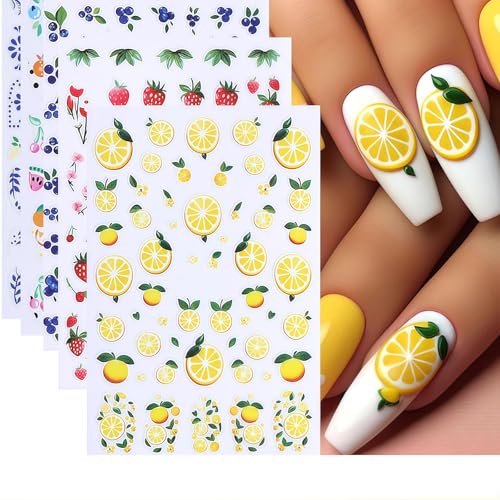 Shimmerz 5 Blätter Sommer Nagelkunst Sticker 3D Selbstklebend Nageldekal Zitrone Erdbeere Heidelbeere für Nageldesigns süße Frucht Maniküre Sticke von Shimmerz