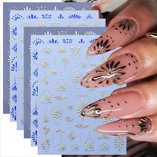 Shimmerz 6 Blatt Bohemian Stil Nagelstickers für Nagelkunst, Goldene 3D Selbhaftklebende Silberne Bohemian Designs Nageldeko, Retro Blaue Nageldecal für Frauen von Shimmerz