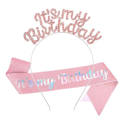 Shimmerz Geburtstagskrone mit Schärpe für Frauen Mädchen Geburtstag Tiara Krone mit Strass Party Deko Accessoires Silber Rosa 2er Set von Shimmerz