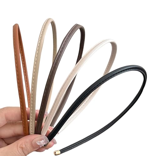 Shimmerz Leder Haarreifen Damen 5er Set Dünne Haarbänder Bequem Rutschfest Elegante Headbands in Beige Braun Schwarz Weiß Taupe für Alltag Büro von Shimmerz