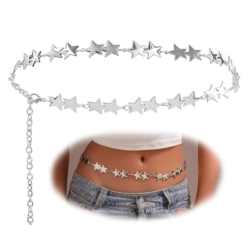 Shimmerz Silver Star Kette Gürtel Western Metall Gürtel Für Frauen Punk Kette Gürtel Für Kleider Jeans Taille Kette Gürtel Y2k Emo Körper von Shimmerz