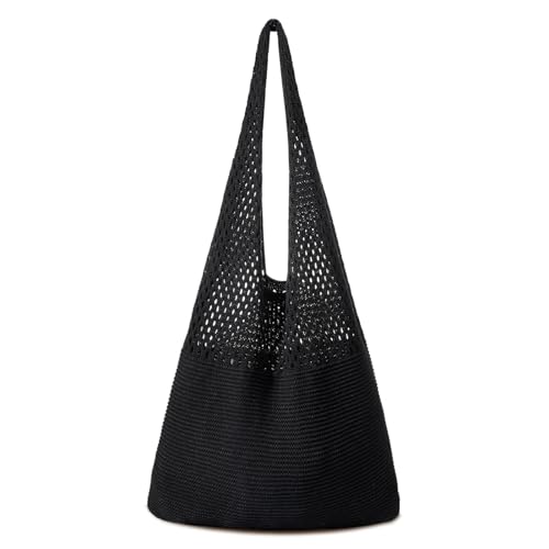 Shimmerz Stroh Strandtaschen für Frauen Frauen Strand Handgemachte Geflochtene Einkaufstasche Sommer Maschen Leere Schultertasche für Urlaub (Schwarz) von Shimmerz