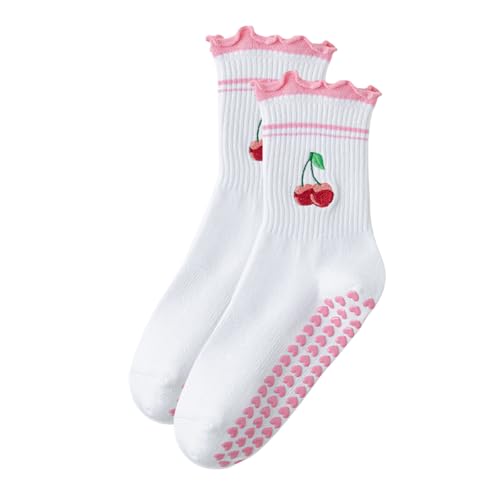 Shimmerz Süße Pilates Griffsocken Rosa Rüschen Frills Yoga Socken Nicht rutschen Baumwolle Langsocken GriffSock für Barre Training (Fruchtkirsche) von Shimmerz