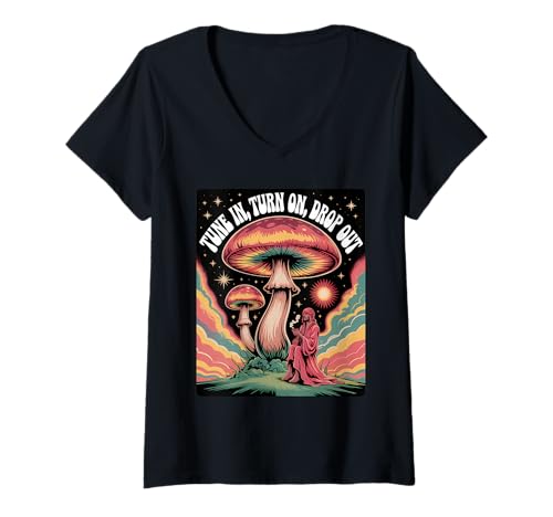 Damen Cosmic Vibes im Retro-Stil mit psychedelischen Pilzen T-Shirt mit V-Ausschnitt von ShinKai