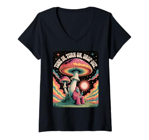 Damen Cosmic Vibes im Retro-Stil mit psychedelischen Pilzen T-Shirt mit V-Ausschnitt von ShinKai