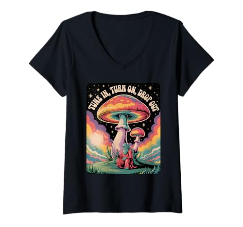 Damen Cosmic Vibes im Retro-Stil mit psychedelischen Pilzen T-Shirt mit V-Ausschnitt von ShinKai