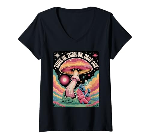 Damen Retro Psychedelic Gorilla Pilz Cosmic Vibes T-Shirt mit V-Ausschnitt von ShinKai