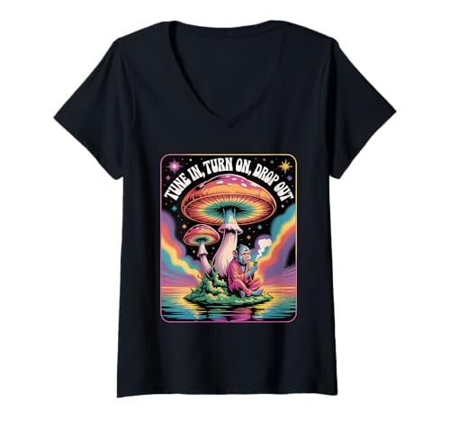 Damen Retro Psychedelic Gorilla Pilz Cosmic Vibes T-Shirt mit V-Ausschnitt von ShinKai