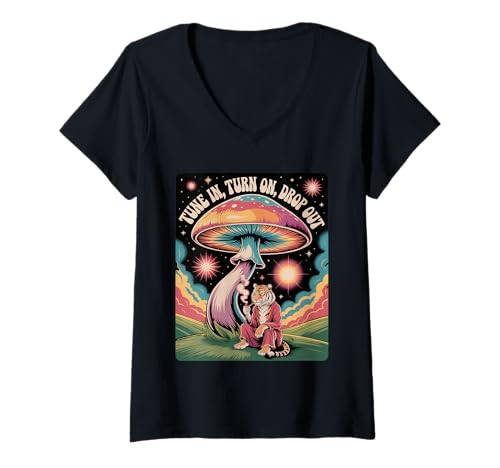 Damen Retro Psychedelic Tiger Pilz Cosmic Vibes T-Shirt mit V-Ausschnitt von ShinKai