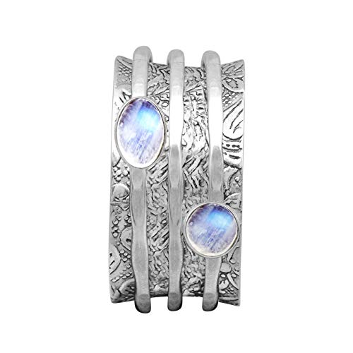 Spinner Ring || 4X6 MM Dual Rainbow Mondstein 925 Sterling Silber Trio Spin Hammered Band Meditation Zappeln Ring (64 (20.4)) von Shine Jewel