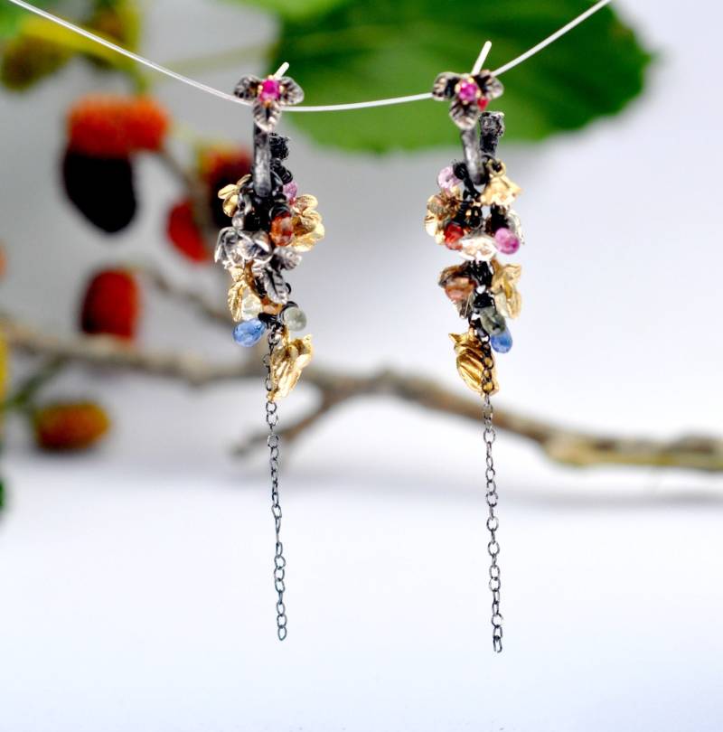 Multi-stein Tropfen-Cluster-Ohrringe, Oxidiertem Silber Creolen Mit Saphir Und Rubin Edelsteine, Lange Ohrringe 14K Gold Braut, Edelstein-Schmuck von ShineAndBerger